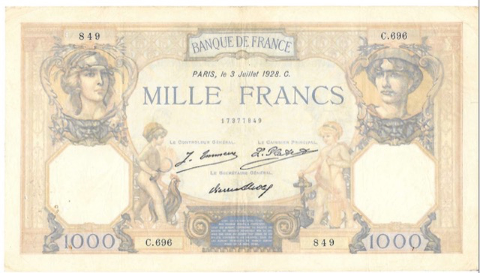 Billet 1000 Francs Ceres et Mercure 1928 C B