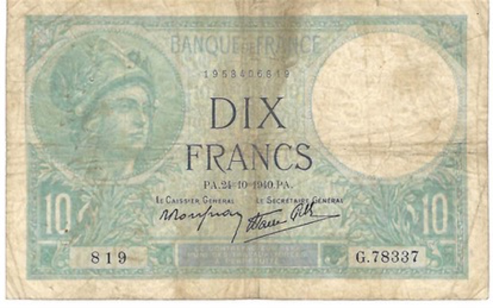 Billet 10 Francs Minerve 1940 AB