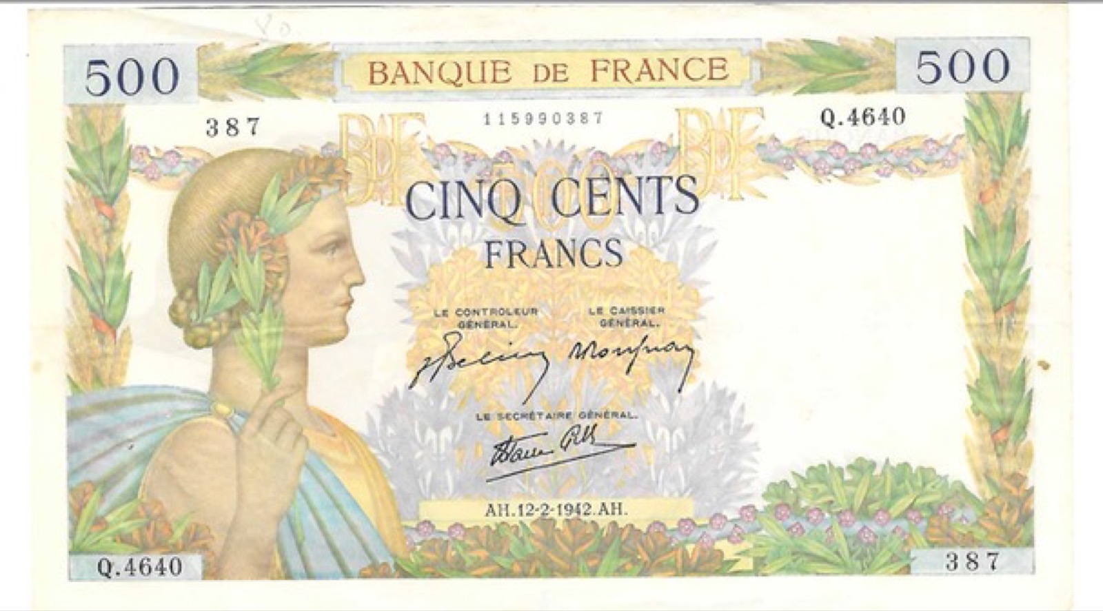 Billet 500 Francs La Paix 1942 SPL 